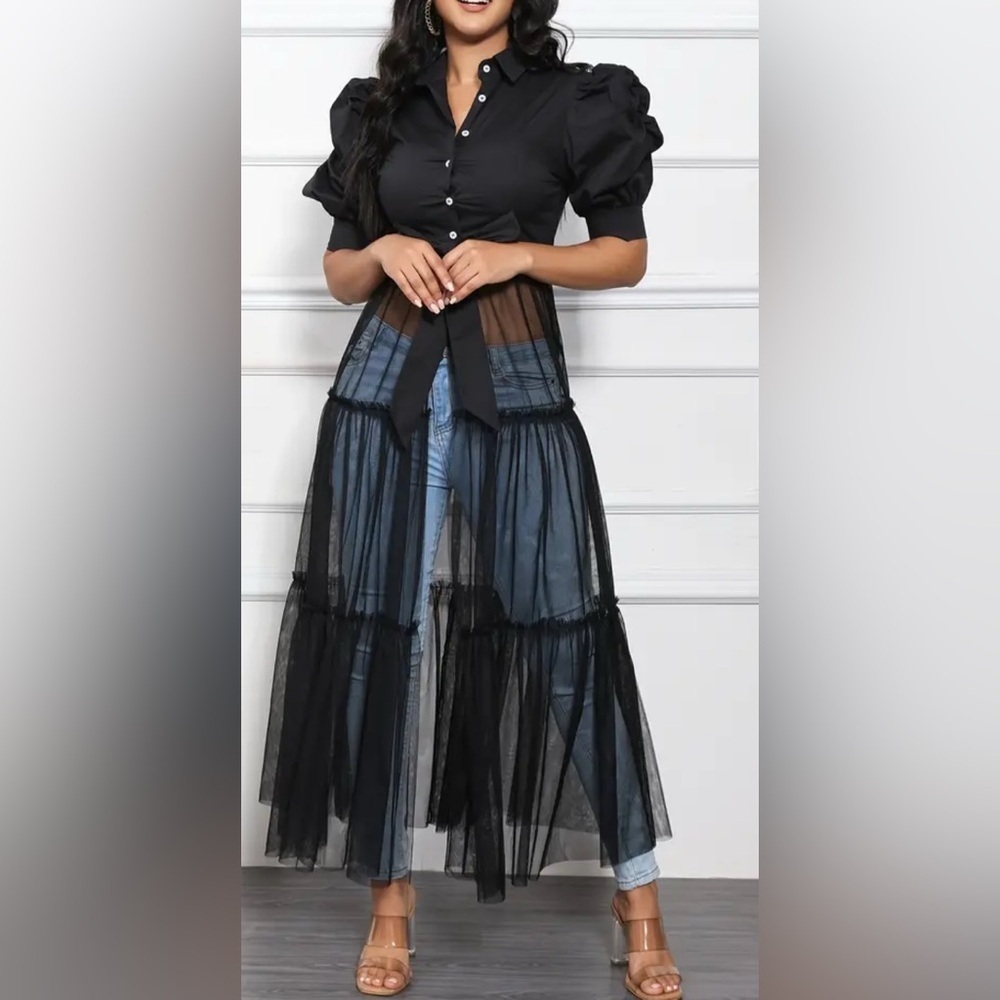 Elegant Long Black Sheer Mesh Sexy Puffy Sleeve Maxi Top M